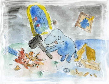 das schaf zertrmmert mit einem hammer sein spielzeug