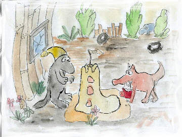 wolf und fuchs bauen eine sandburg im hintergrund lauert das schaf