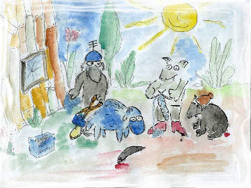 papa wolf schneidet wolle mutter wolf strickt einen blauen schwanz